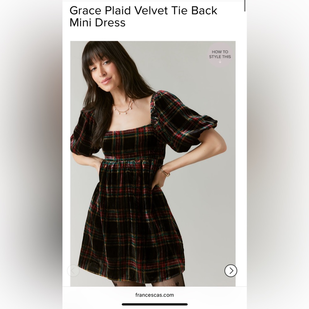Francesca’s Grace Plaid Velvet Tie Back Mini Dress